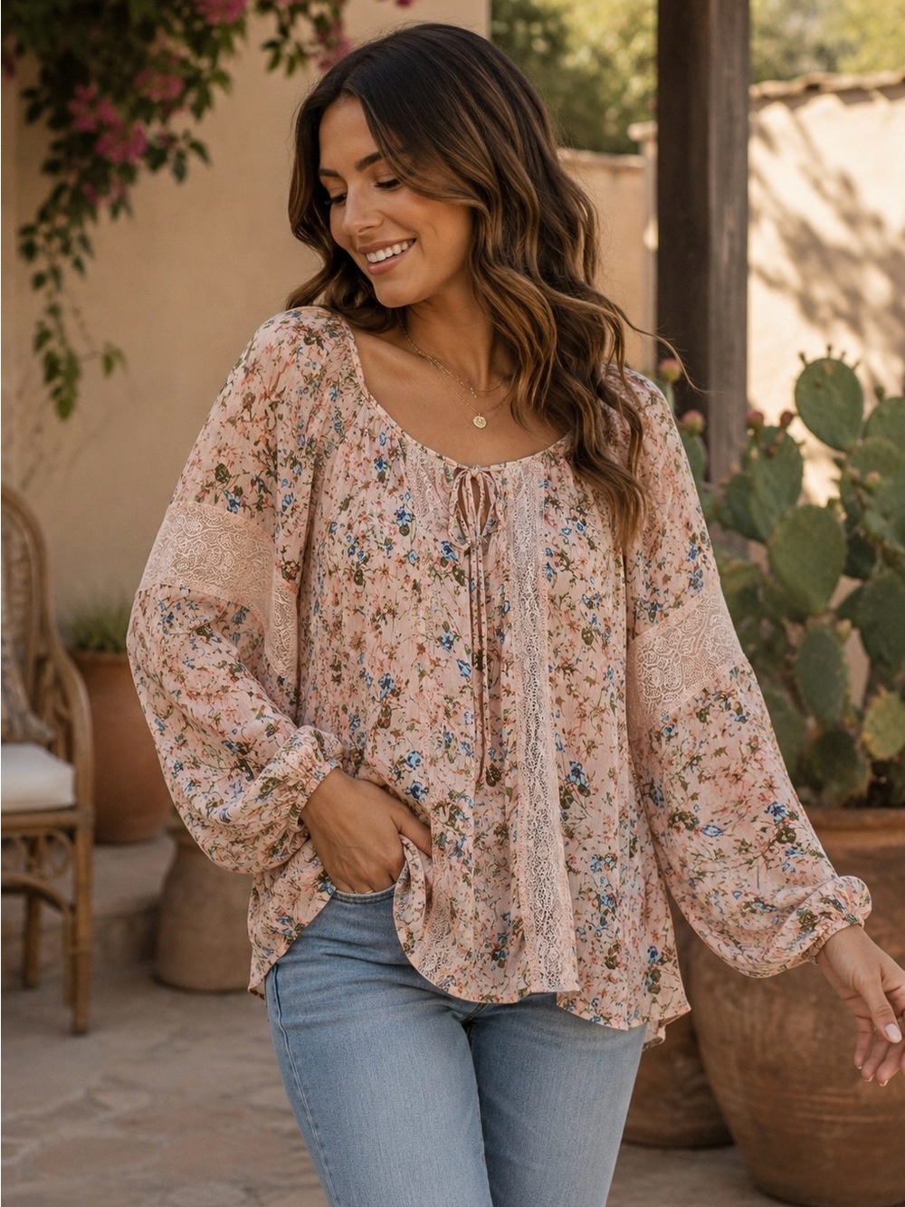 princess vera wang Blush Floral Lace-Trim Peasant Top